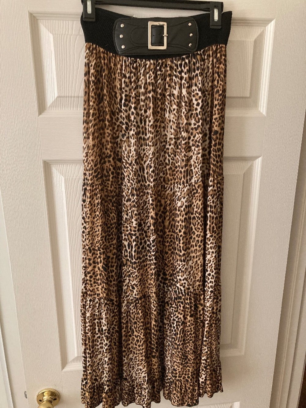 Leopard Print Tiered Maxi Skirt with Elastic Waist